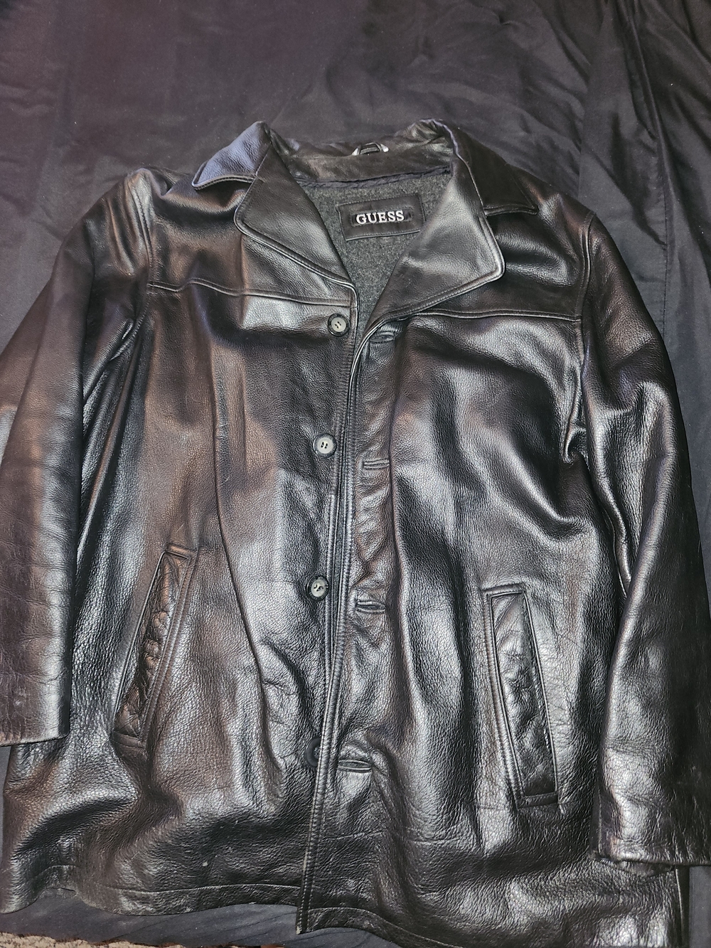 GUESS Men’s Black Leather Button-Front Mid Legnth Jacket Size L